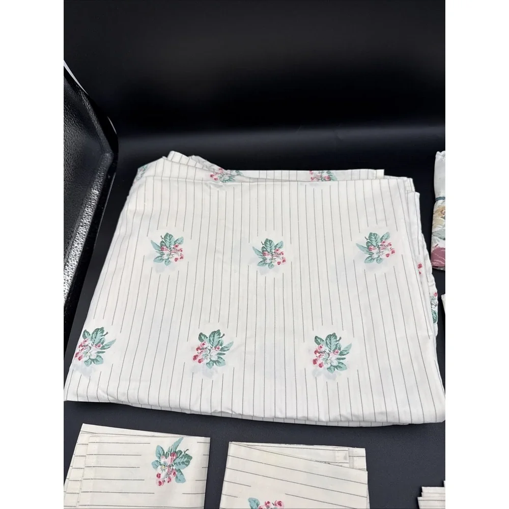 Vintage Tablecloth Repurposed From Twin Sheet, Napkins, Floral Roses